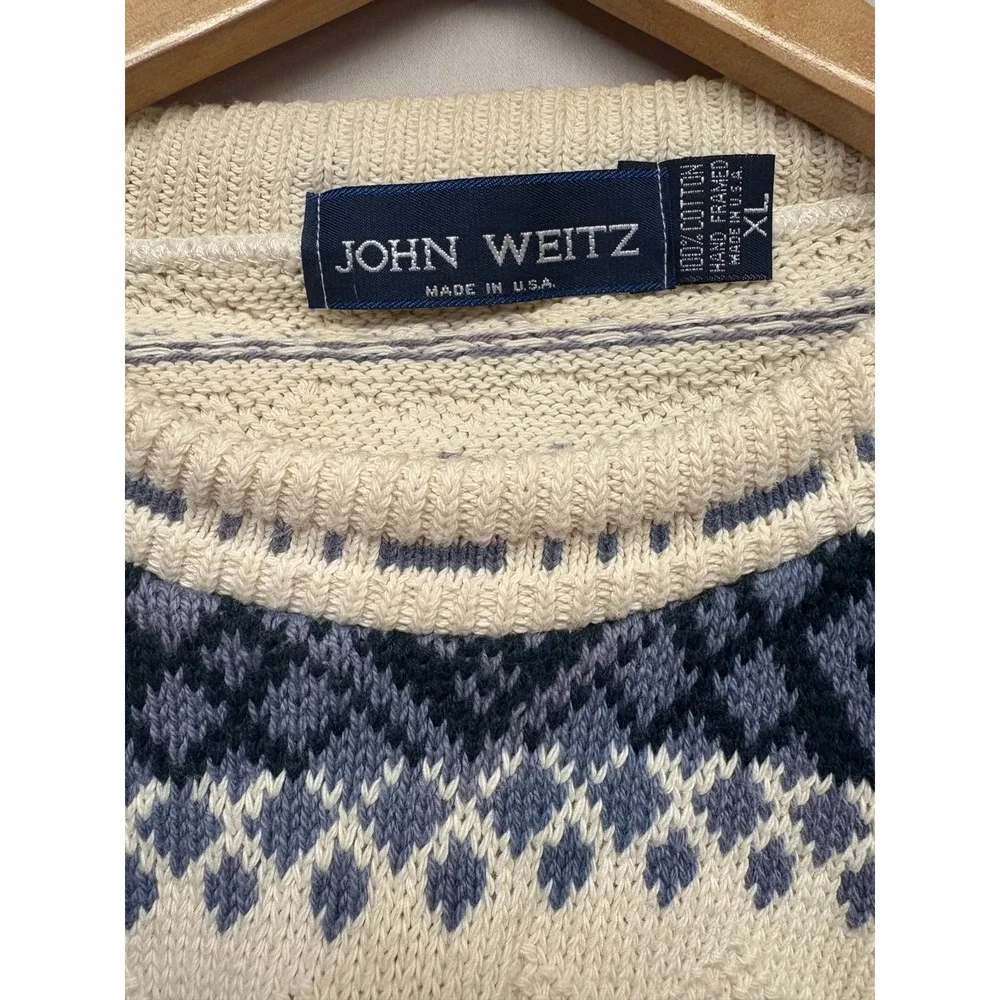 John Weitz Pullover Sweater Men's White Blue Crew‎ Neck Argyle Stripe XL Vintage